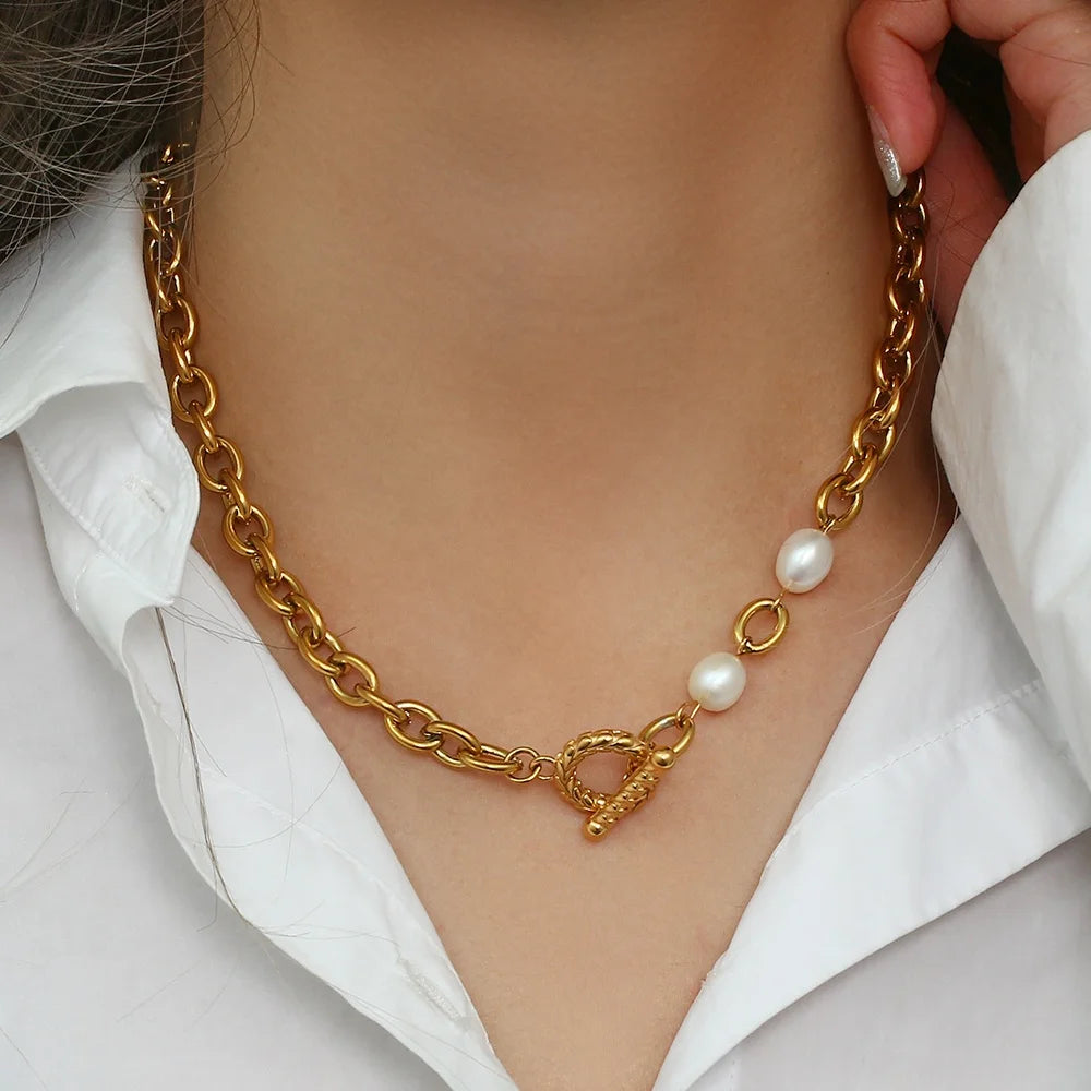 Tarnish Free Ot Clasp Freshwater Pearl Gold Plated Chain Necklace PVD Gold Plated Jewelry