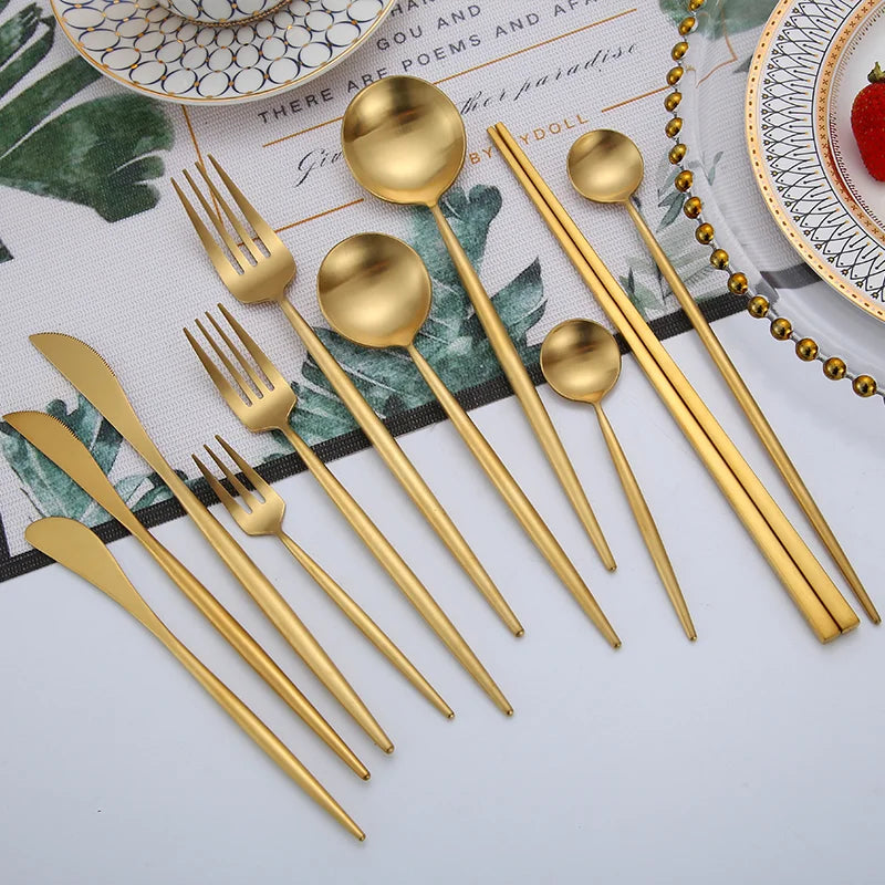 Best Selling Titanium Plated Tableware Stainless Steel Gold Cutlery Modem Gold Flatware