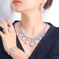 Clear White CZ Paved Dangle Tassel Water Drop Women African Fashion Chunky Big Costume Necklace Jewelry Sets for Brides Wedding