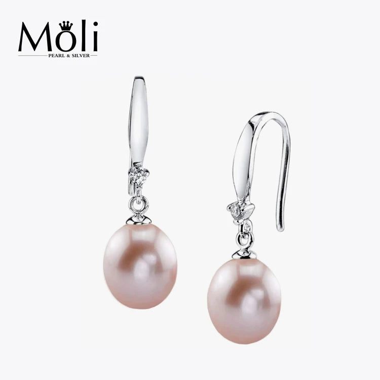 Classic Silver Jewelry Hook Natural Real 8-9mm Pink Purple Rice Water Drop Pearl Earrings