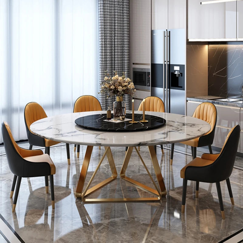 Italian Light Luxury Rock Slab Round Table and Chair Combination With Turntable Marble Dining Table With 6seater