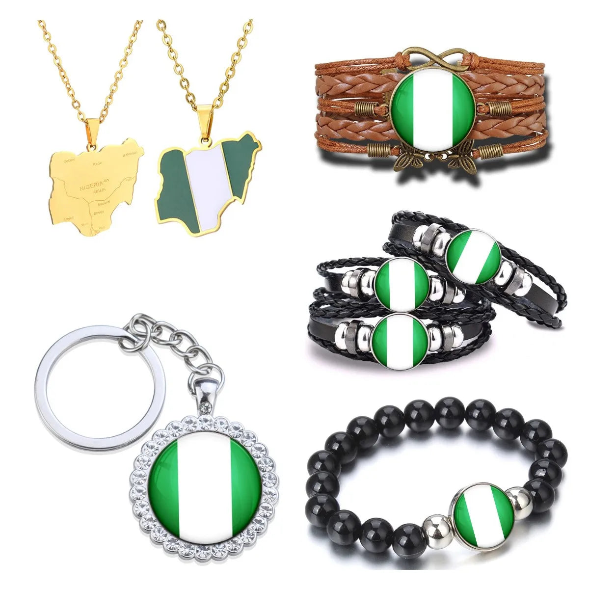 50 Models Africa Nigeria Flag Map Key Chain Ring Cuff Link Tie Clip Necklace Bracelet Earrings Brooch Lapel Pin Jewelry Set