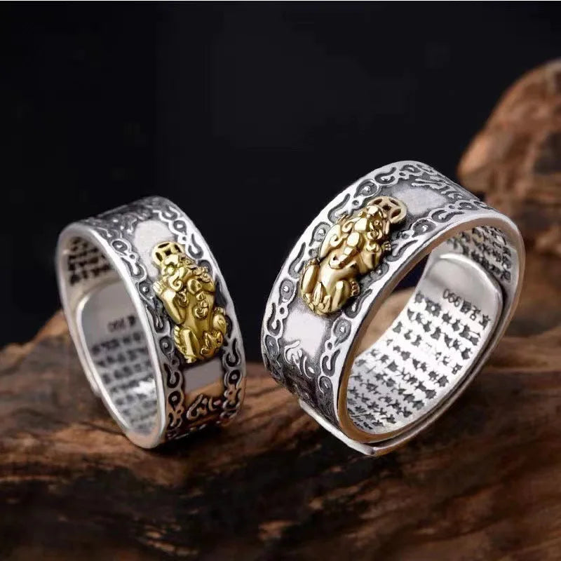 Personality Thai Silver Ring Auspicious Cloud Pattern Heart Sutra Open Ring Vintage Pixie Ring for Women Girls