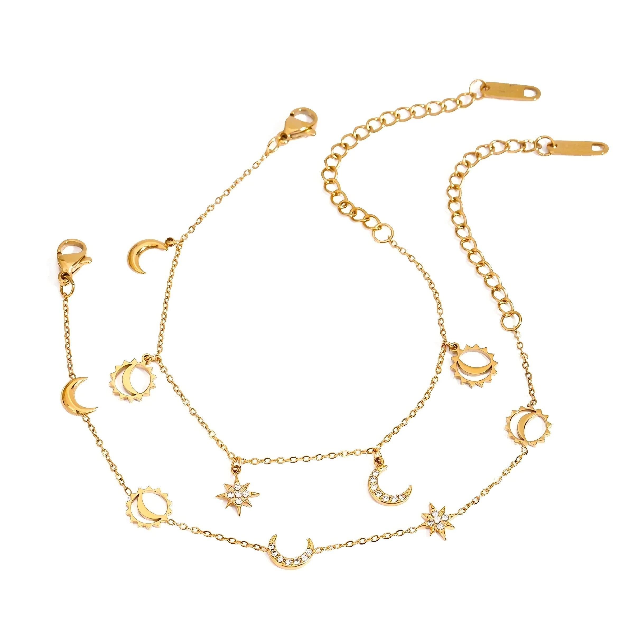 N&S Unique 18K Gold Stainless Steel Star Moon Bracelet for Women Religious Style with White Zircon 16cm Plus 5cm Bangles