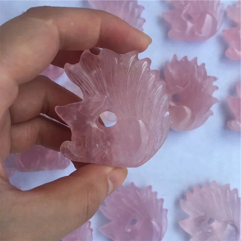Wholesale Natural Rose Quartz Crystal Stone Carvings Pink Nine Tail Fox for Gift