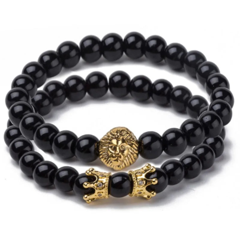 Trendy Men's High Quality Lion Head Crown Pendant Bracelet Shining Stone Bead Gold Copper Wedding Anniversary Engagement Gift