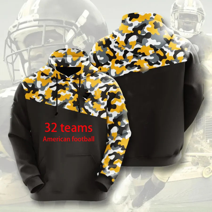 American Football Men's Vintage Soft Fleece Pullover Hoodie Sweatshirt Men's Steeler Men's Camo Print Accent Hoodie 32Team Color