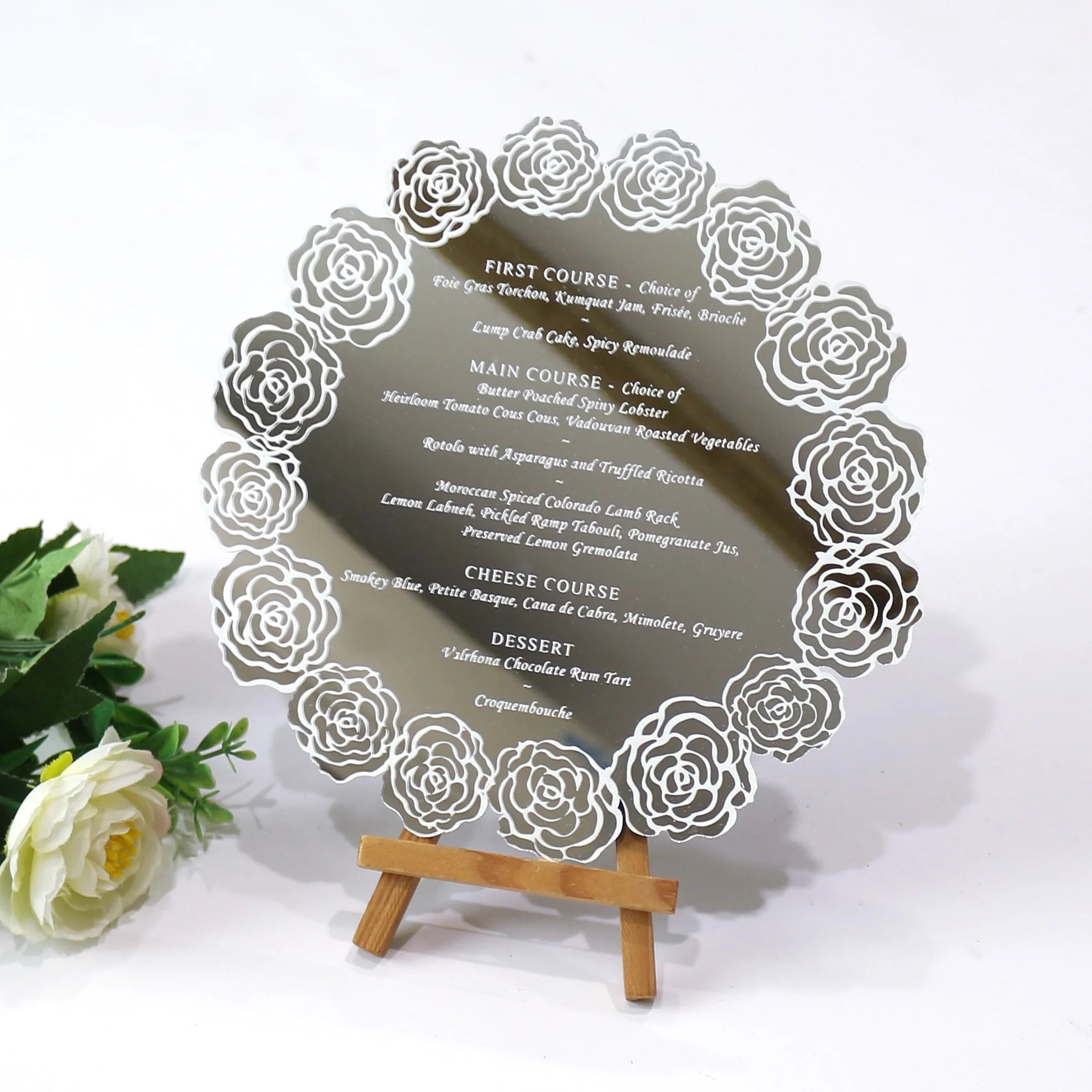 Customized Printing Engraved Round Mirror Acrylic Wedding Menus Cards