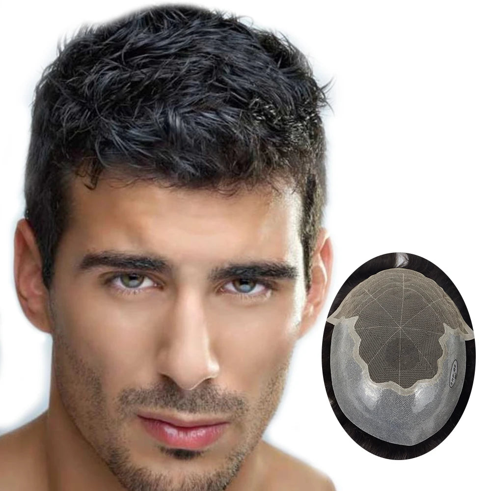 Q6 Men's Toupee 100% Natural Human Hair Breathable Lace & PU Base Men's Hair Prosthesis System Invisible Natural Hairline