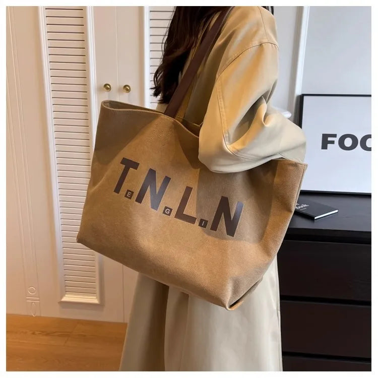 Medium Large Capacity Canvas Tote Bag Women 2024 New Single Shoulder Casual Versatile Foldable Zipper Closure College Students