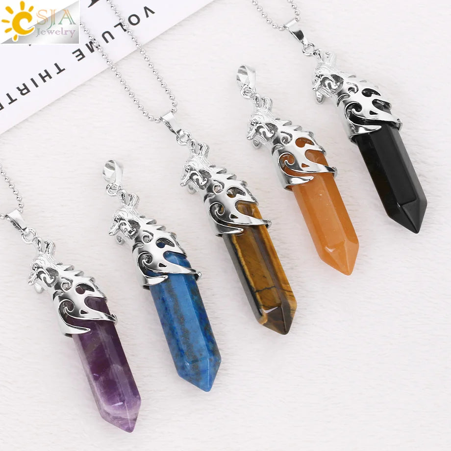 CSJA Healing Amethysts Crystal Jewelry Viking Wolf Head Natural Gemstone Hexagon Pendants  Necklace for Man Women H102