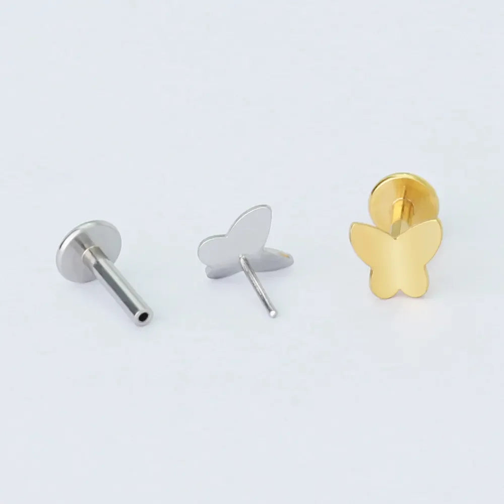 Hypoallergenic Threadless Push in Lip Labret Flat Back Cartilage Earring Gold Stainless Steel Butterfly Stud Earring