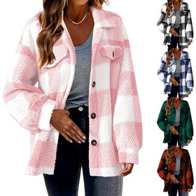 RNSHANGER Autumn Women's New Fashion Loose Casual Pocket Plaid Lamb Fleece Jacket Button Plush Comfortable Versatile Coat
