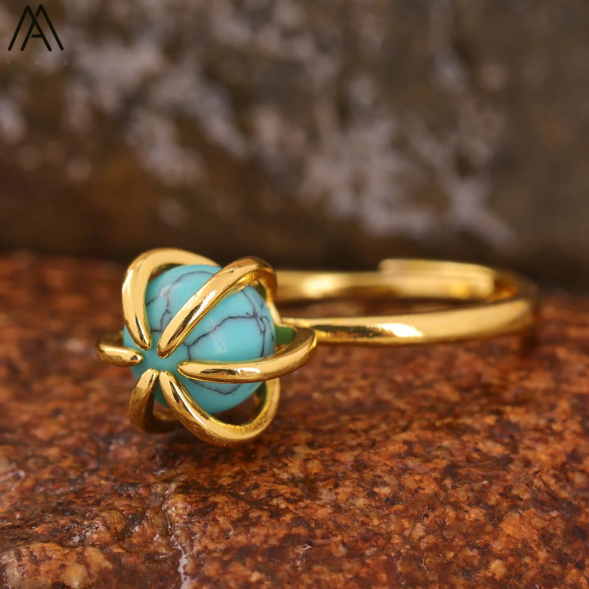 Classic Rings Wholesale  Natural Round Bead 8mm Stone Adjustable Gold Ring Fashion Jewelry Friendship Gifts