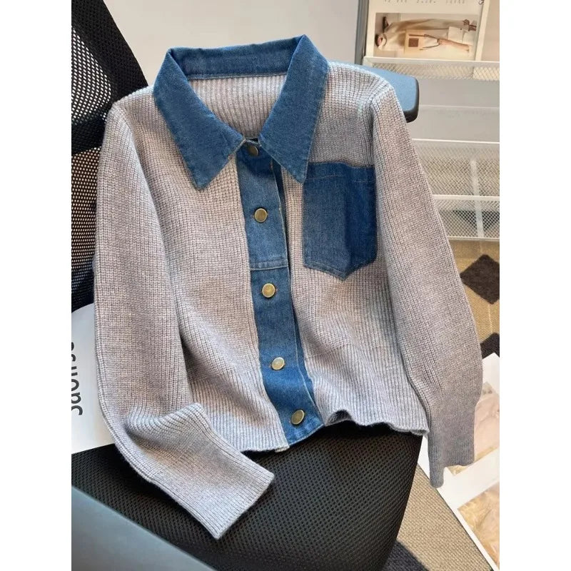 Wholesale 2026 Spring and Autumn Korean Version Casual Lapel Denim Patchwork Knitted Sweater for Women's Sweaters