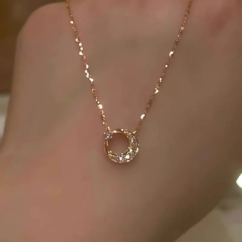 2025 New Sun Moon and Stars Necklace Women's Exquisite Light Luxury Zircon Moon Pendant Stainless Steel Clavicle Chain