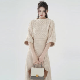 European and American Autumn and Winter Women's Knitted Temperament Waist Wrapped Hip Sweater Long Dress