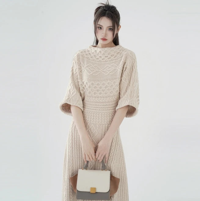 European and American Autumn and Winter Women's Knitted Temperament Waist Wrapped Hip Sweater Long Dress