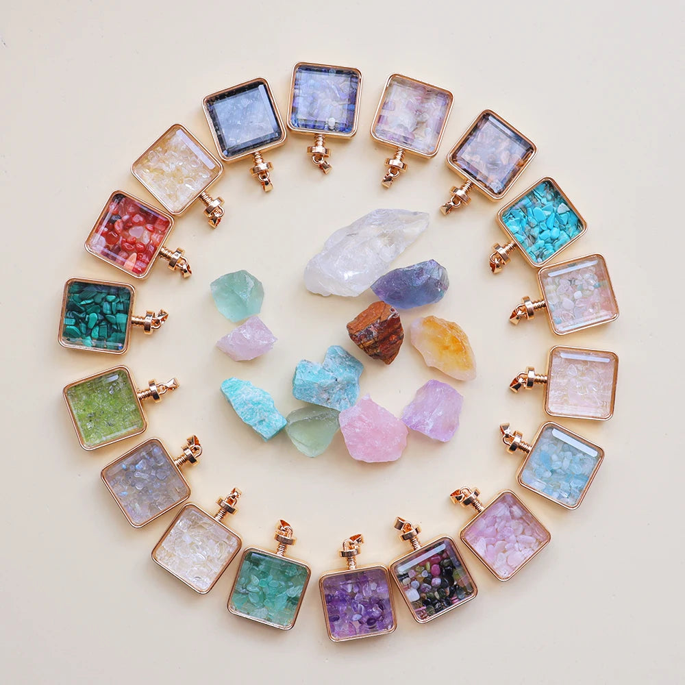 Natural Chip Crystal Pendant Square Perfume Drift Bottle Wishing Crystal Necklace Personalized Sweater Chain