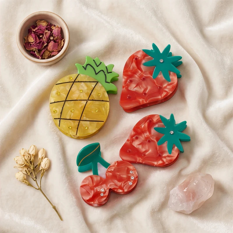 Midairy Cute Fruits Mini Claw Clips Strawberry Cherry Pineapple Shaped Hair Accessories for Ladies Girls 4793