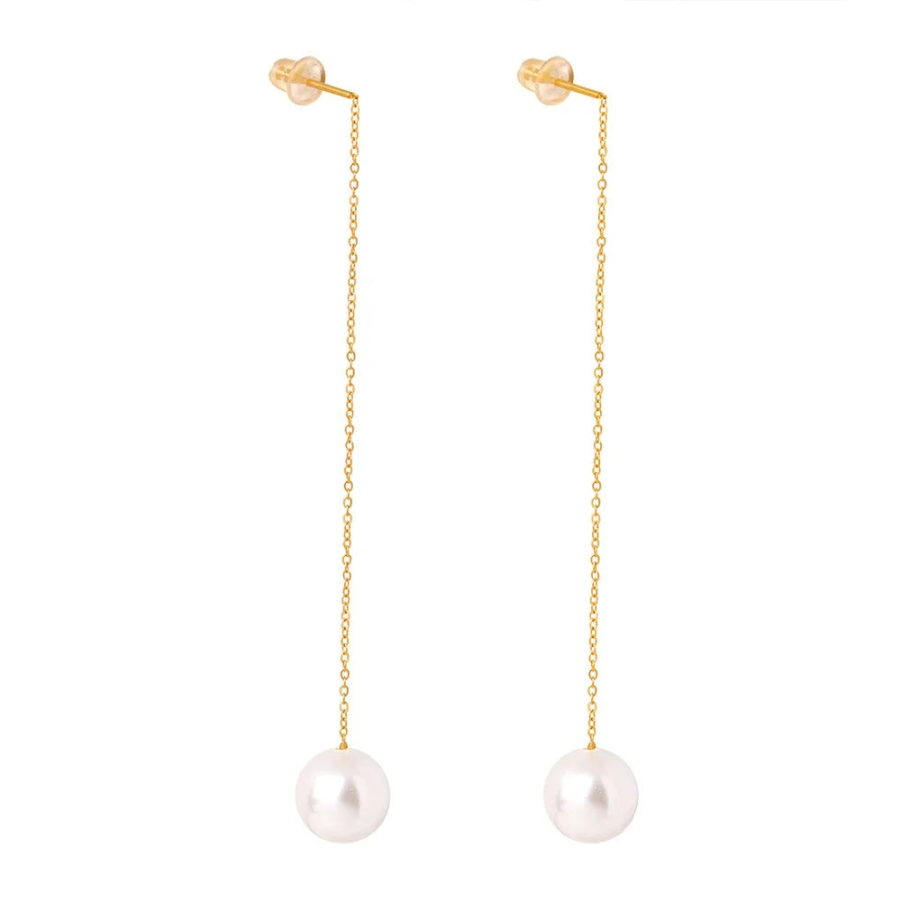 Ins Style Women Minimalist Fashion Elegant Luxury Jewelry 18k Gold Plated Stainless Steel Long Pearl Pendant Stud Earrings