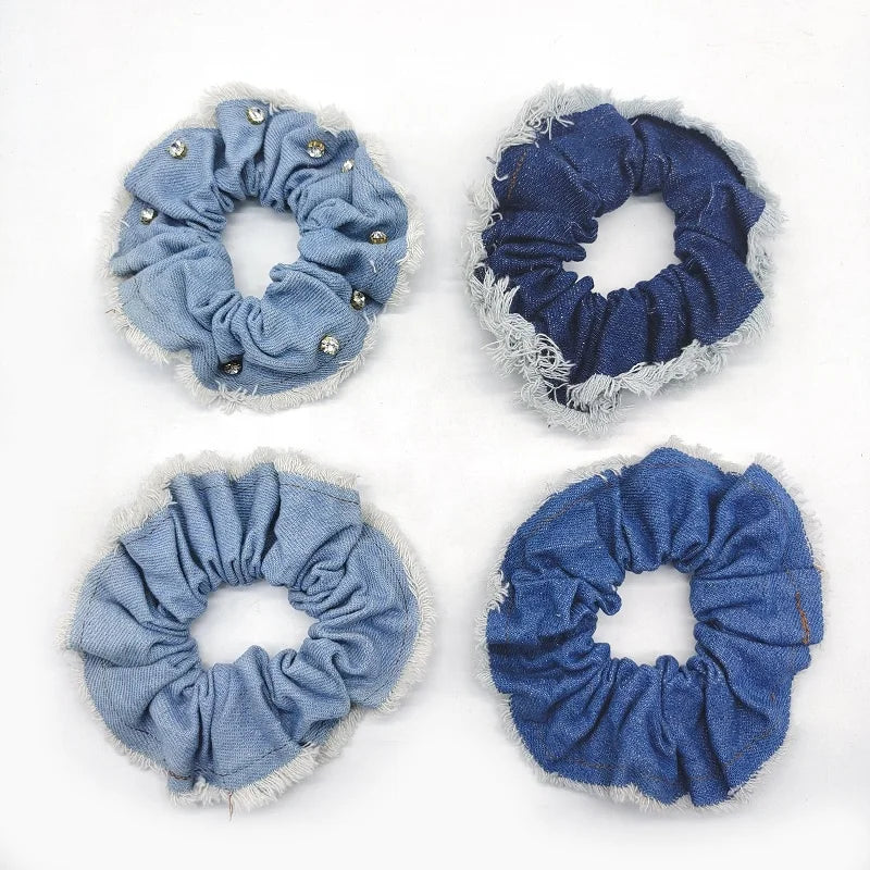 MIO Denim Hair Tie Excellent Stretch Plain Color Vintage Design Hair Scruunchies With Luxury Rhinestones Women Girls Rubber