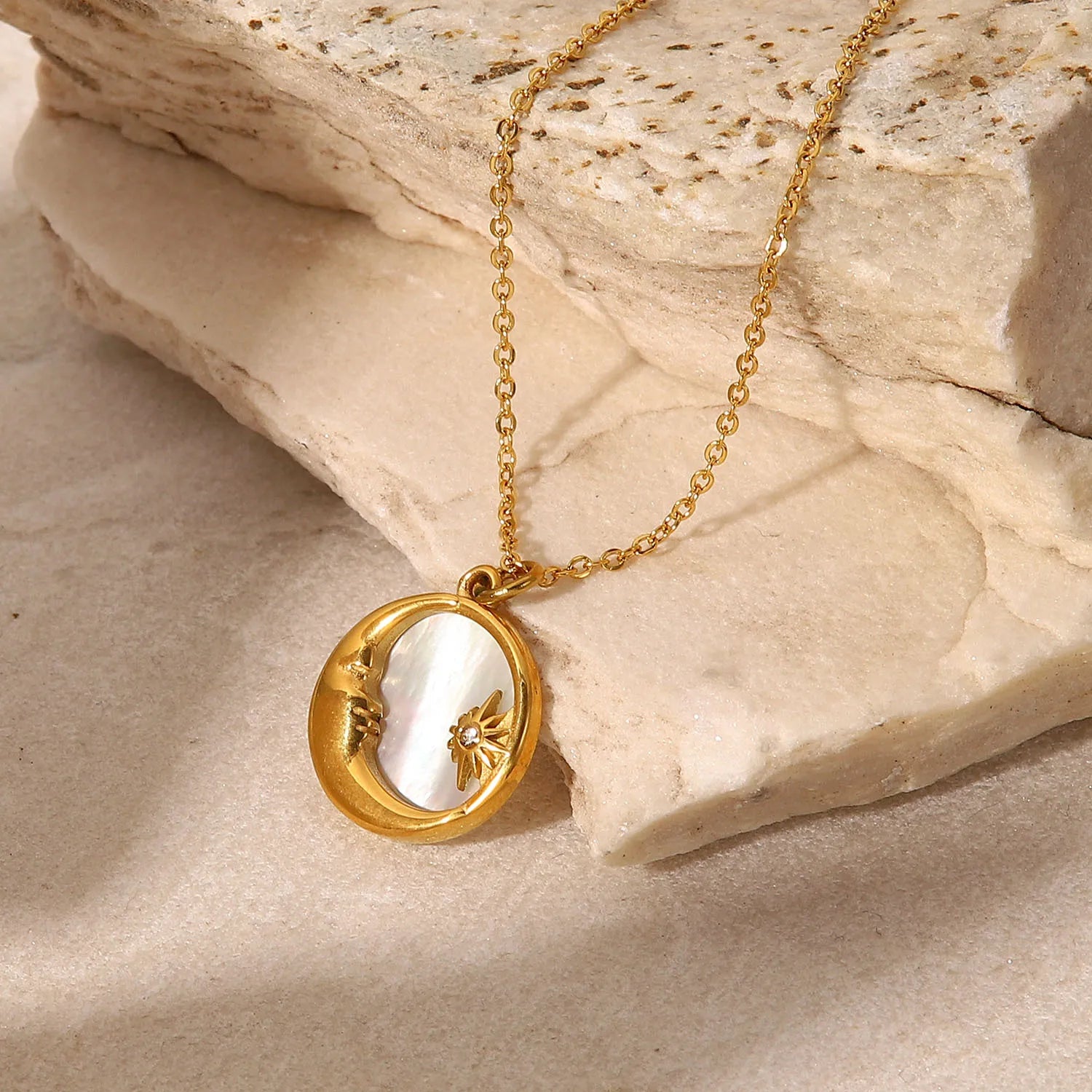 Vintage Style Gold Plated Stainless Steel Star Moon Sun Inlaid White Fritillary Pendant Necklace