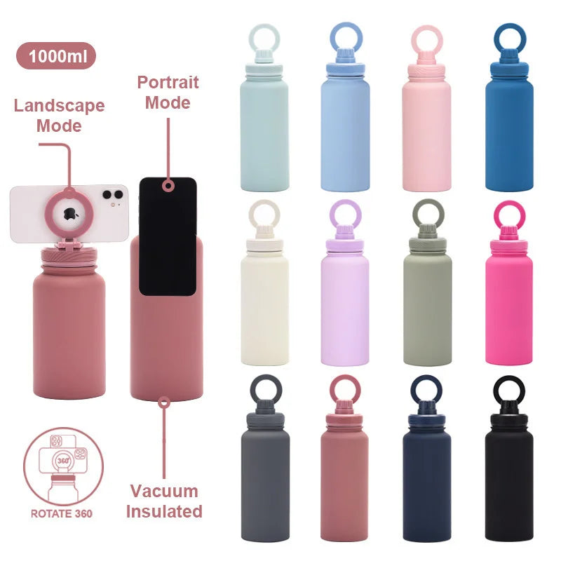 Custom 1L 32oz Double Wall Vacuum Flasks Insulated Stainless Steel Water Bottle Magnetic With Phone Holder