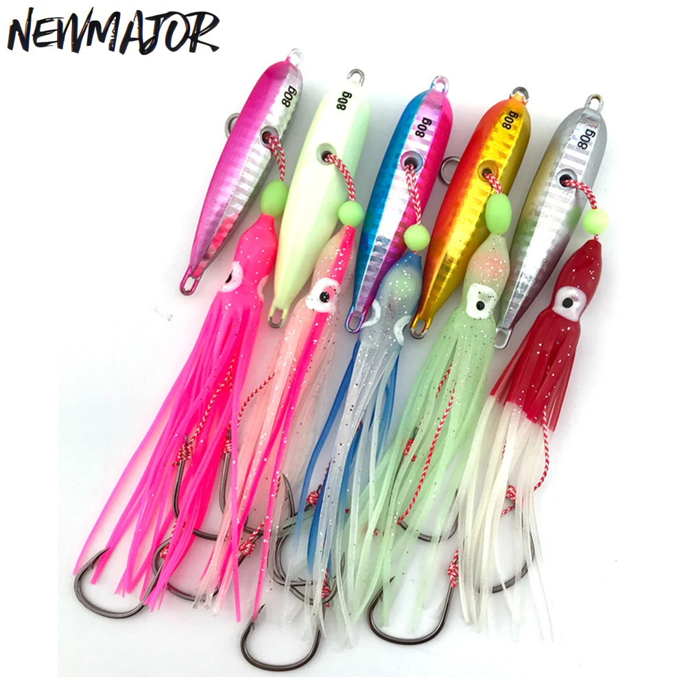 NEWMAJOR 40-200g Luminous Squid Hook Biomimetic Metal Jig Soft Bait for Sea Fishing Printed Condition
