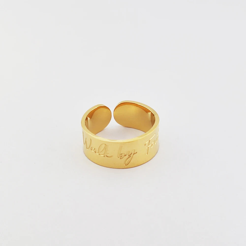 Walk by Faith Engraving Inspirational Word Quote Open Cuff Band 18k Gold Plated Women Resizable Ring Stainless Steel
