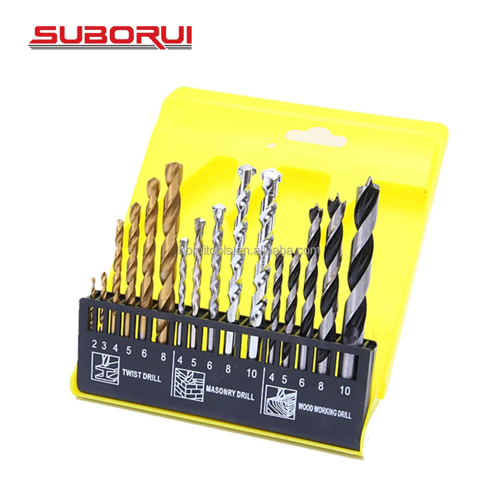 SUBORUI 16PCS Metric Mixed Combination HSS Brocas Twist Masonry Drill Bit Set for Metal Concrete Wood Drilling