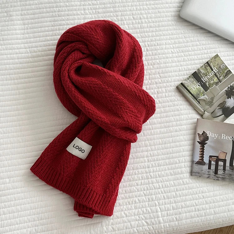 OEM Custom Korean Style TWILL Knit Scarves Design Casual Trendy Red Navy Grey Color the Couples Winter Knitted Scarf