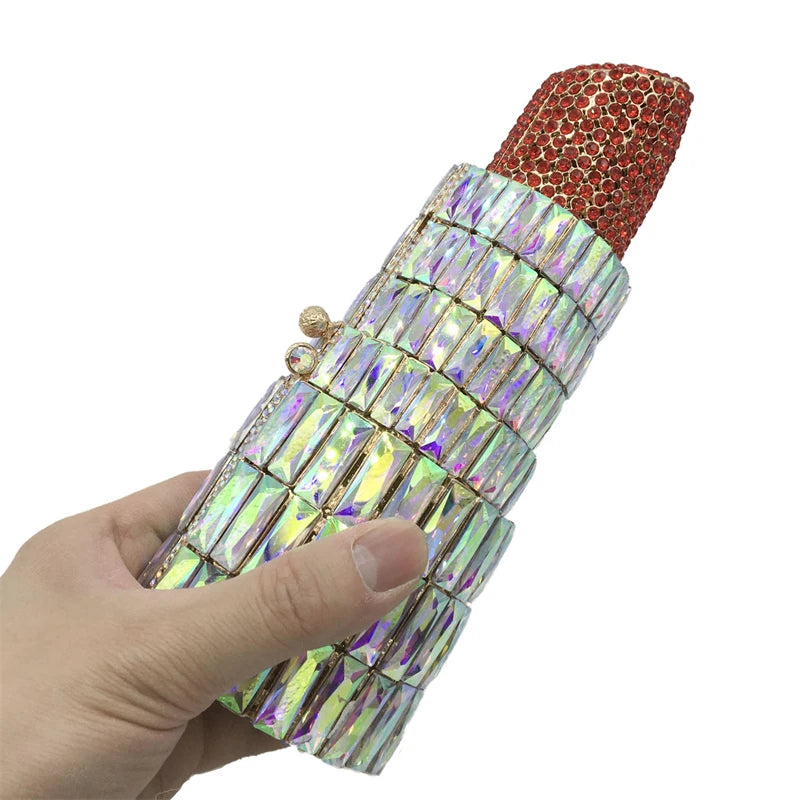 Drop Shipping Luxury Handmade Bling Evening Bag Crystal Lipstick Shape Rhinestone Clutch Purse