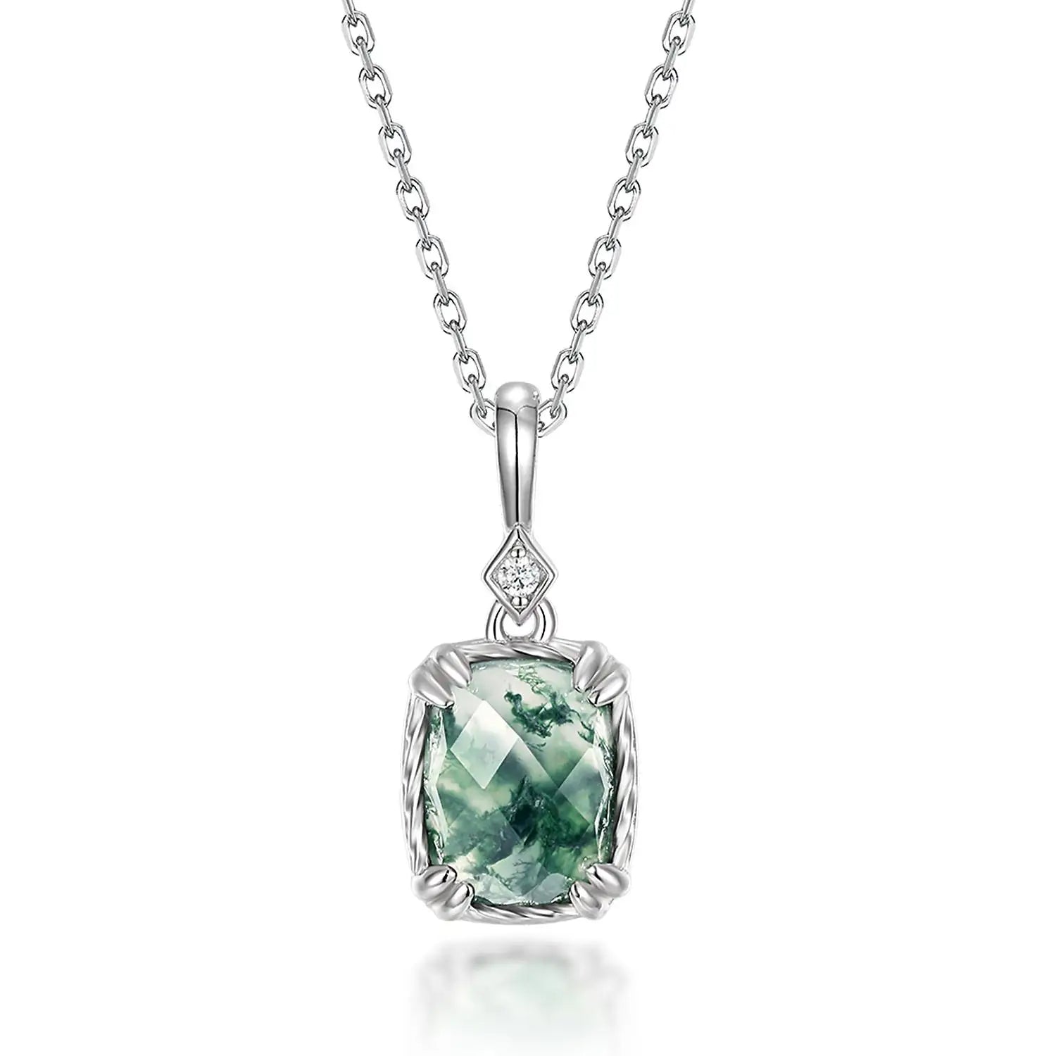 Square Four Prong Moss Agate 925 Sterling Silver Pendant Necklace for Men and Women
