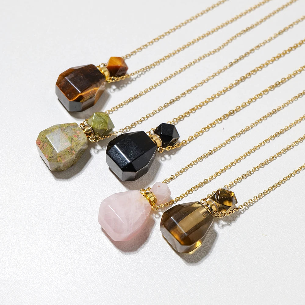 Natural Amethyst Essential Oil Bottle Crystal Pendant Healing Stone Perfume Bottle Necklace