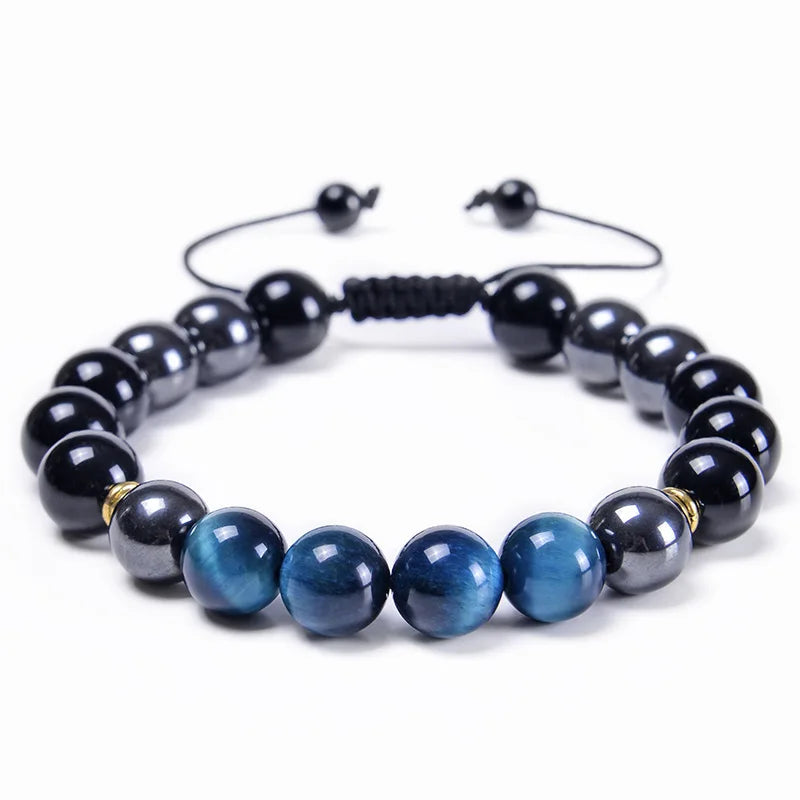 Custom Large 10mm Natural Black Hematite Blue Tiger Eye Stone Woven Beaded Gemstone Bracelets Crystals Adjustable Mens Jewelry
