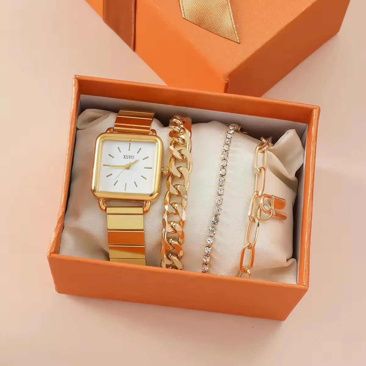 4pcs/set Fashion Simple Square Quartz Watch Lock Pendant Chain Bracelets Jewelry Set Gift for Women (WT2289)