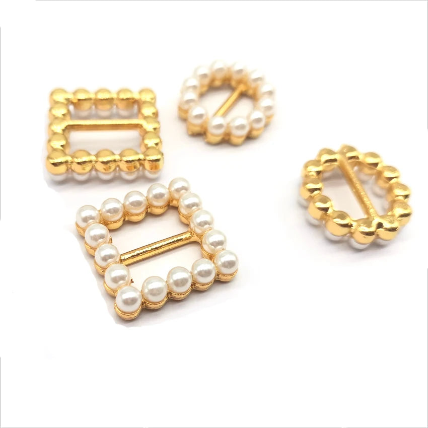 Cheap Wholesale Alloy Gold Plated Small Pearl Square Round Shape Clip Buckles Rhinestone for Wedding Clothing Dress Decoration