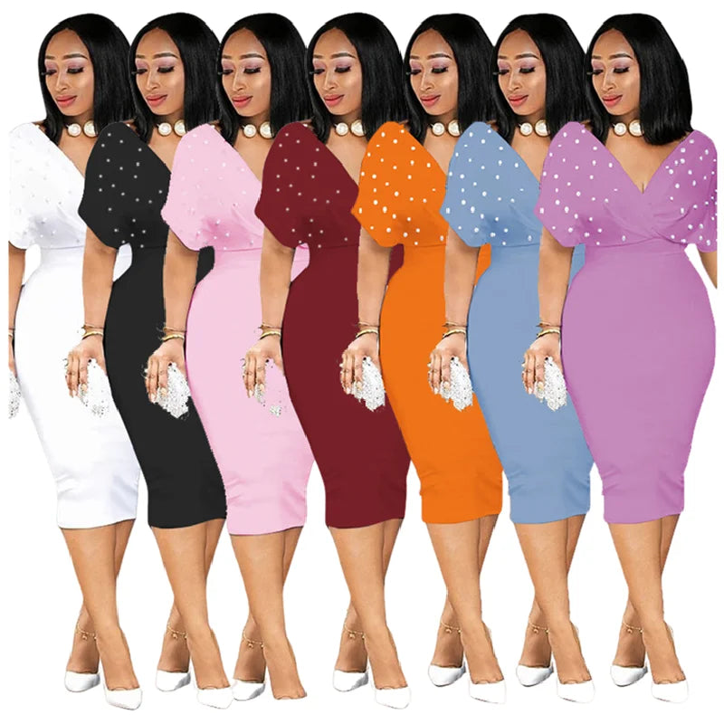 H8825 New Arrival Fashion Elegant Dresses Women Solid Color Bra V-Neck Half Sleeve Studded Beaded Dress for Women