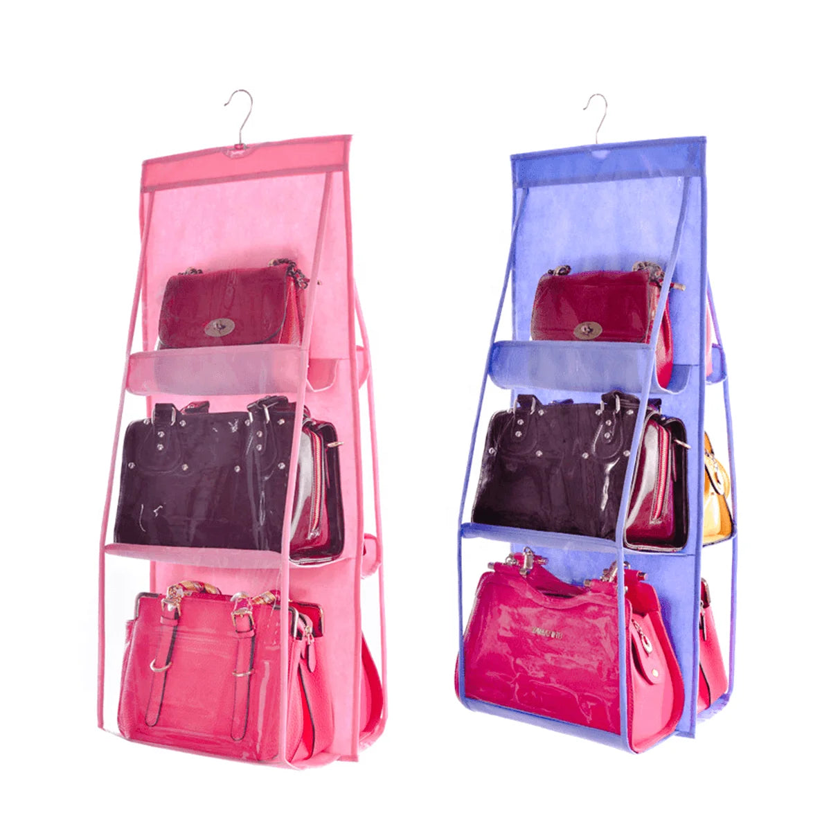 Hot Selling Double-Sided 6-Pocket Hanging Handbag Organizer Transparent Storage Bag for Wardrobe Closet Clothing Garage Use
