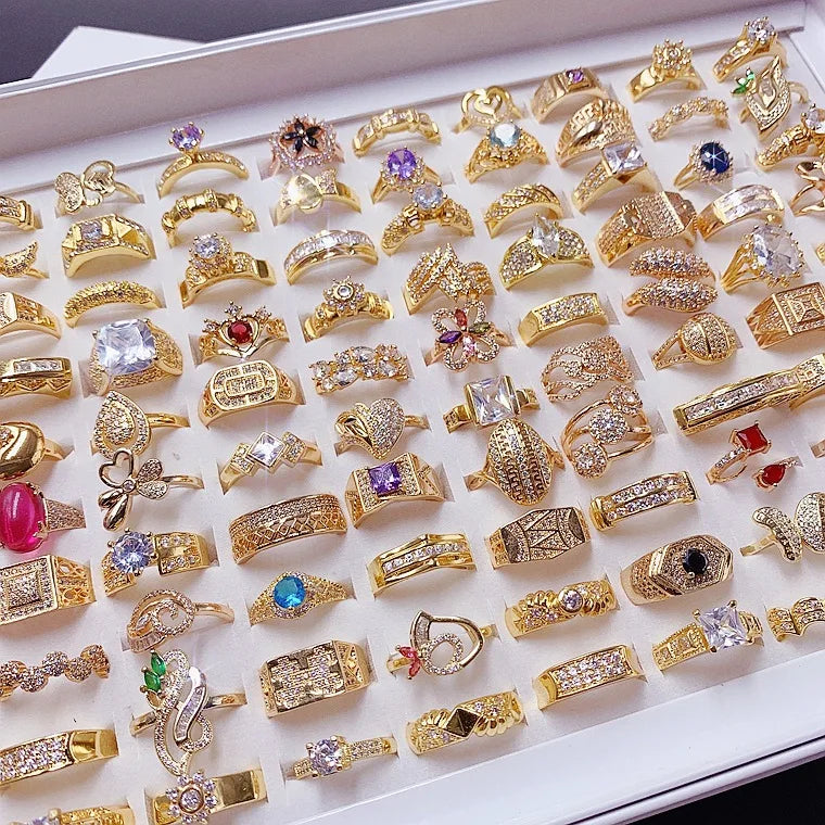 Trendy Gold Plated Mixed Wholesale Ring Zircon Micro Set Zircon Bulk Personality Ring Vintage Copper Ring