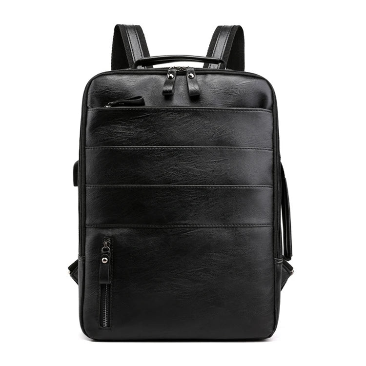 15 Inch Men's Black Multifunctional Leather Laptop Backpack Strong Sporty Design USB Zipper Closure PU Material Factory Direct