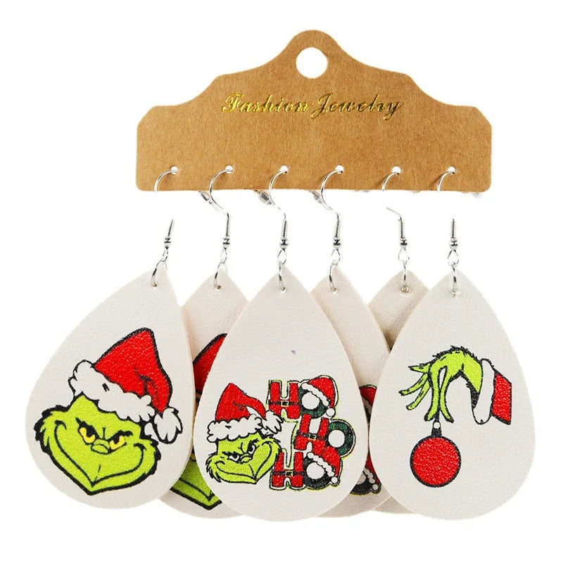 3 Pairs Sets Silver Plated PU Leather Women's Christmas Drop Leopard Print Grinch Santa Hat Pendant Earrings