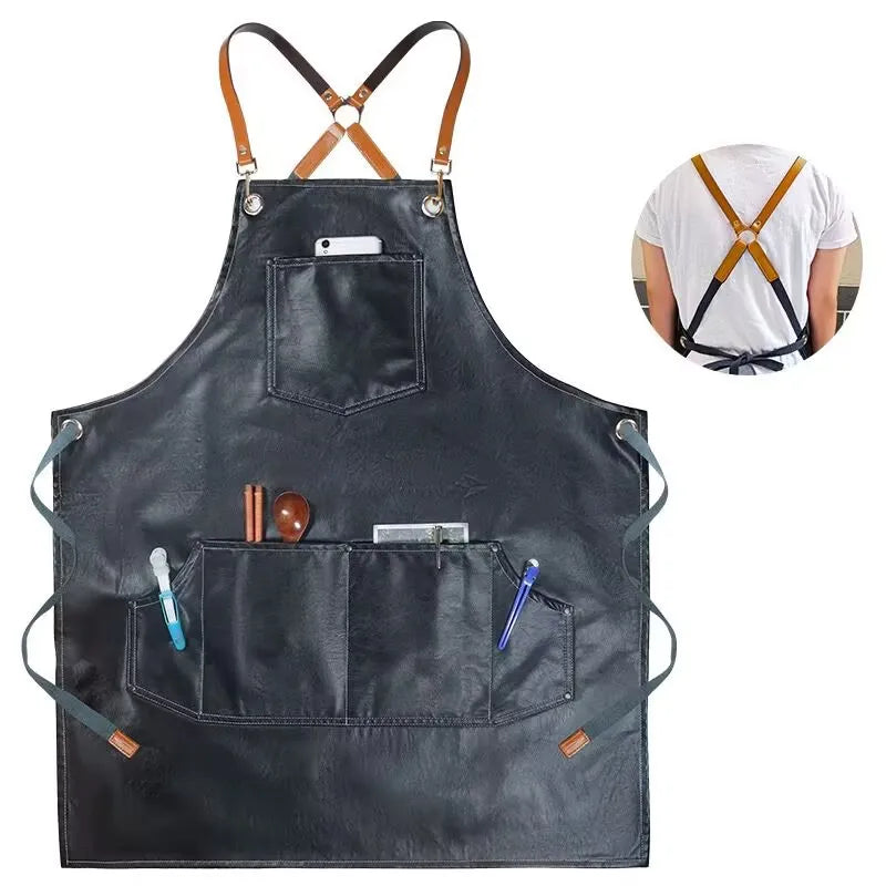 Custom Logo PU Soft Faux Leather Apron with Suitable for Barber Car Wash Gardening Auto Repair Pocket Tool Apron