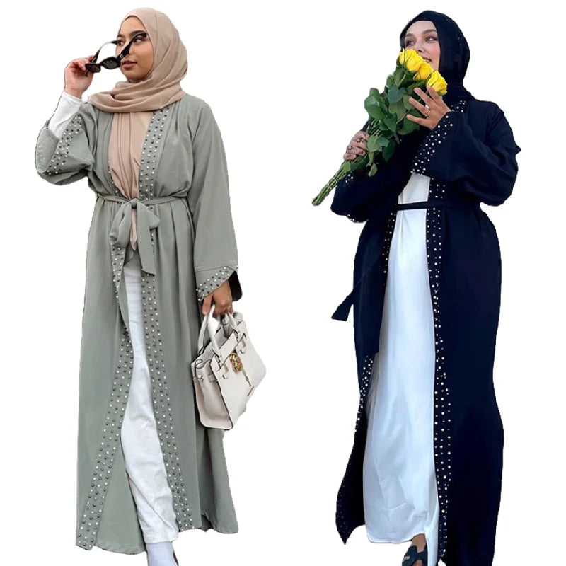 MQ145 Trendy Turkiye Middle East Abaya Women Muslim Dress Elegant Solid Color Beaded Cardigan Robes Arabic Women Dress With Belt