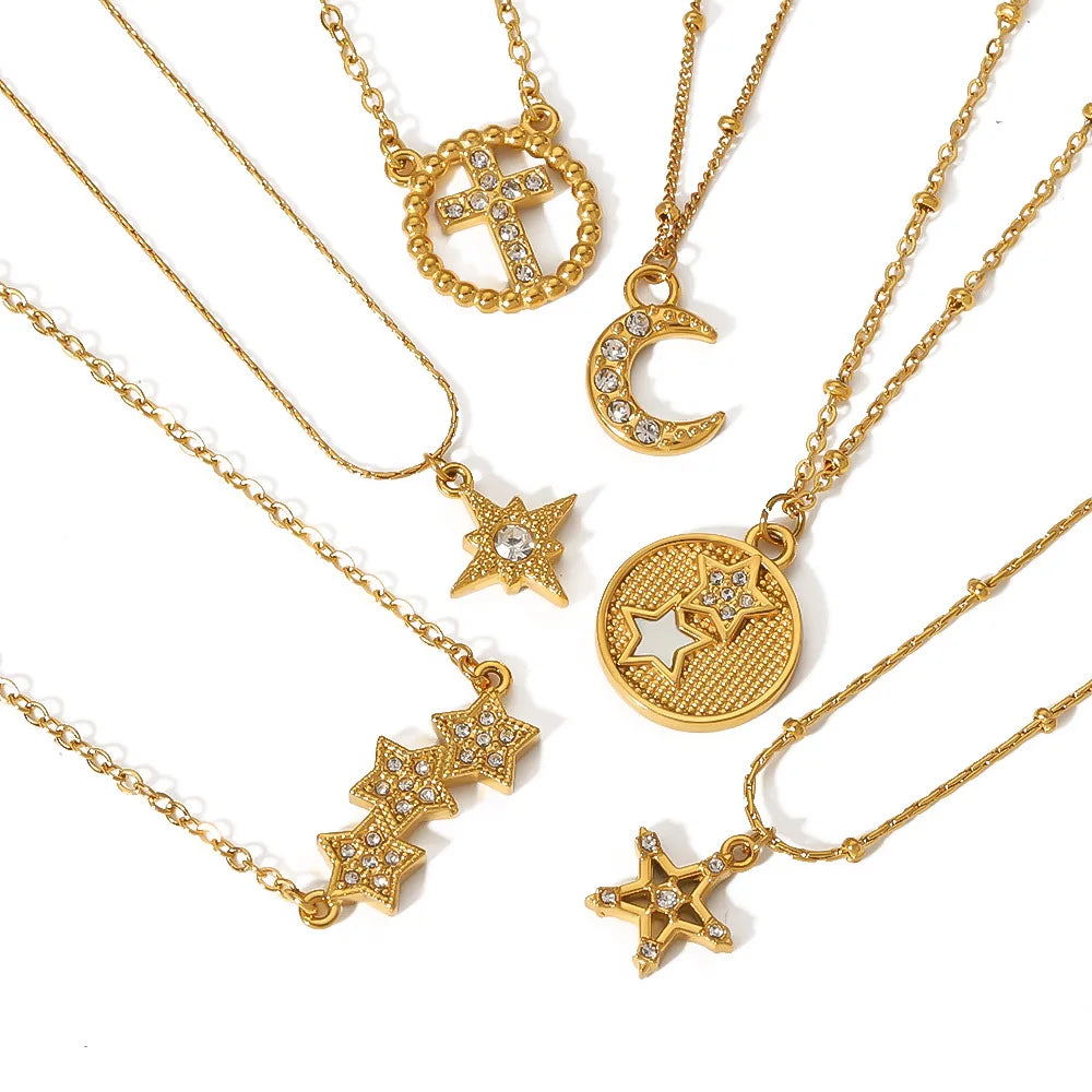 Women's Trendy Star Crescent Cross Pendant Necklace Stainless Steel Jewelry Shell with Non-Tarnish Accessory