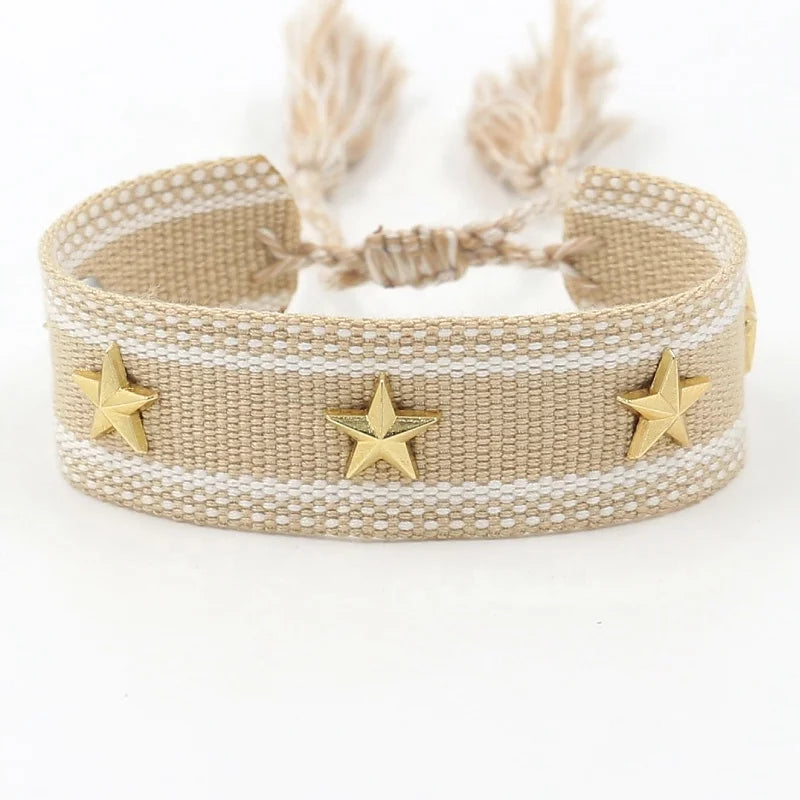 Ethnic Jewelry Golden Pentagram Metal Rivets Woven Wristband Webbing Tassel Friendship Bracelet