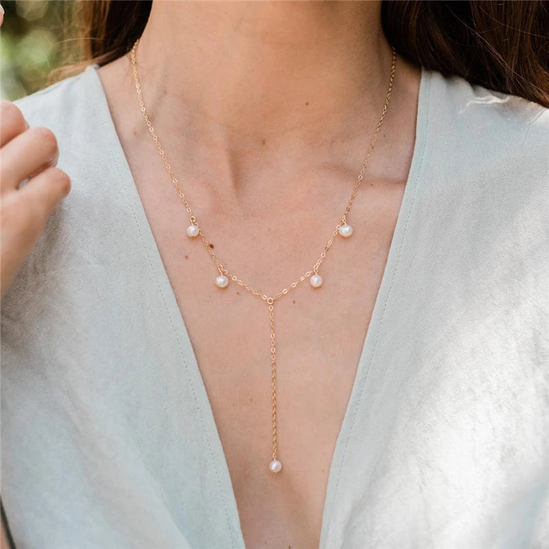 GN112 Natural Pearl Necklace 14K Gold Filled Y Necklace Pendant Handmade Gold Choker Wedding Jewelry Necklace
