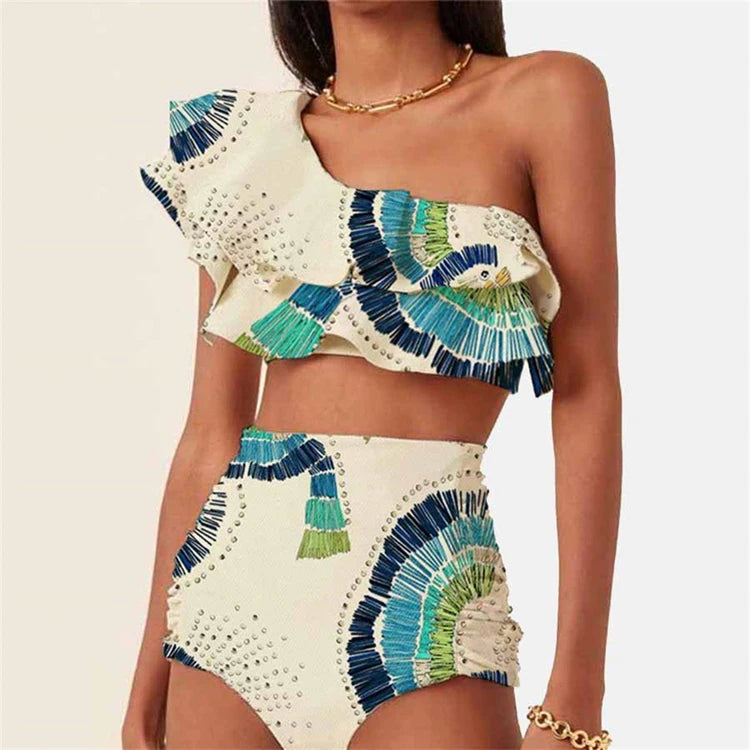 2023 New Double Layer Large Ruffle Bikini One Shoulder Swimwear Chiffon Skirt Swimwear
