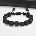 Men Fashion Cool Handmade Woven Rope Stretch Adjustable Natural Stone Black Lava Stone Square Cube Bracelet for Men